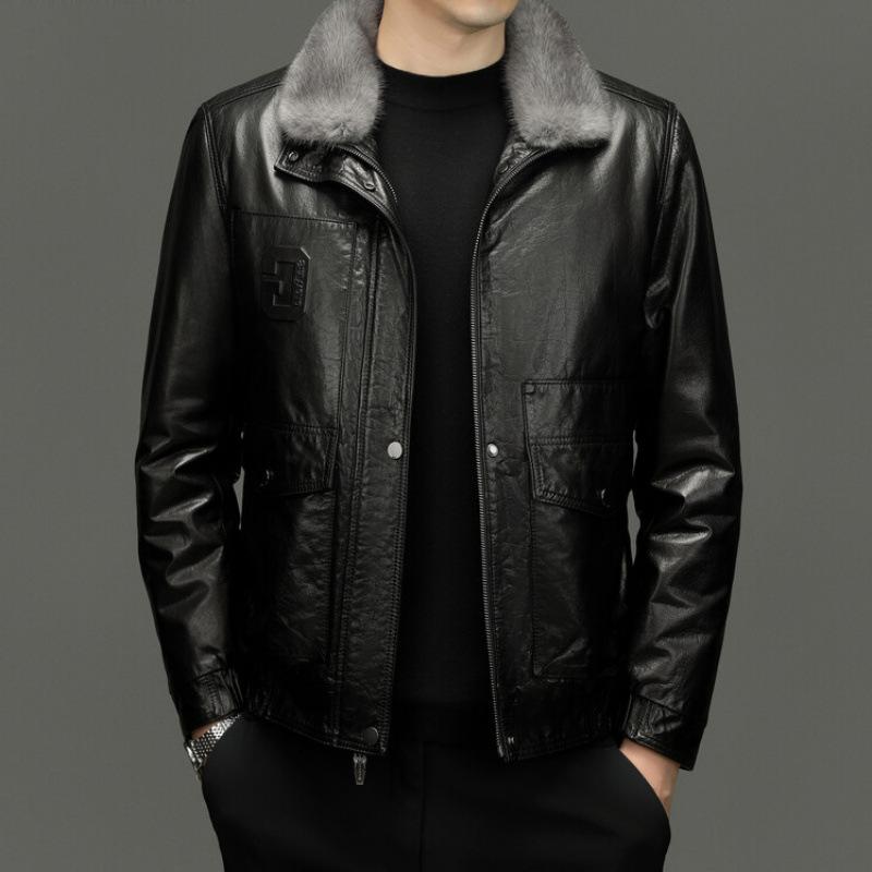 Winter leather leather jacket men's cowhide top leather locomotive mink hair liner jacket