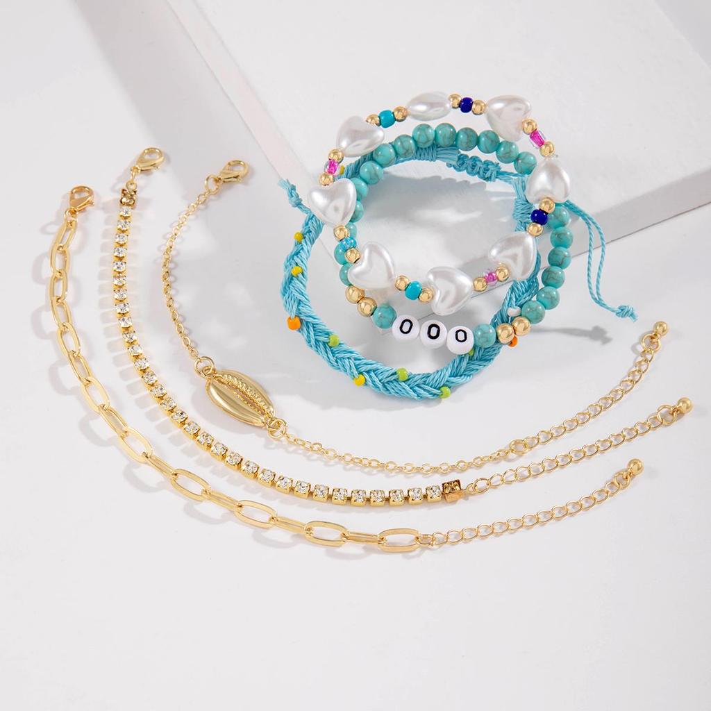 Cross Border Bohemian Style Imitation Turquoise Bead Shell Bracelet Vacation Style Letter Imitation Pearl Bracelet Set