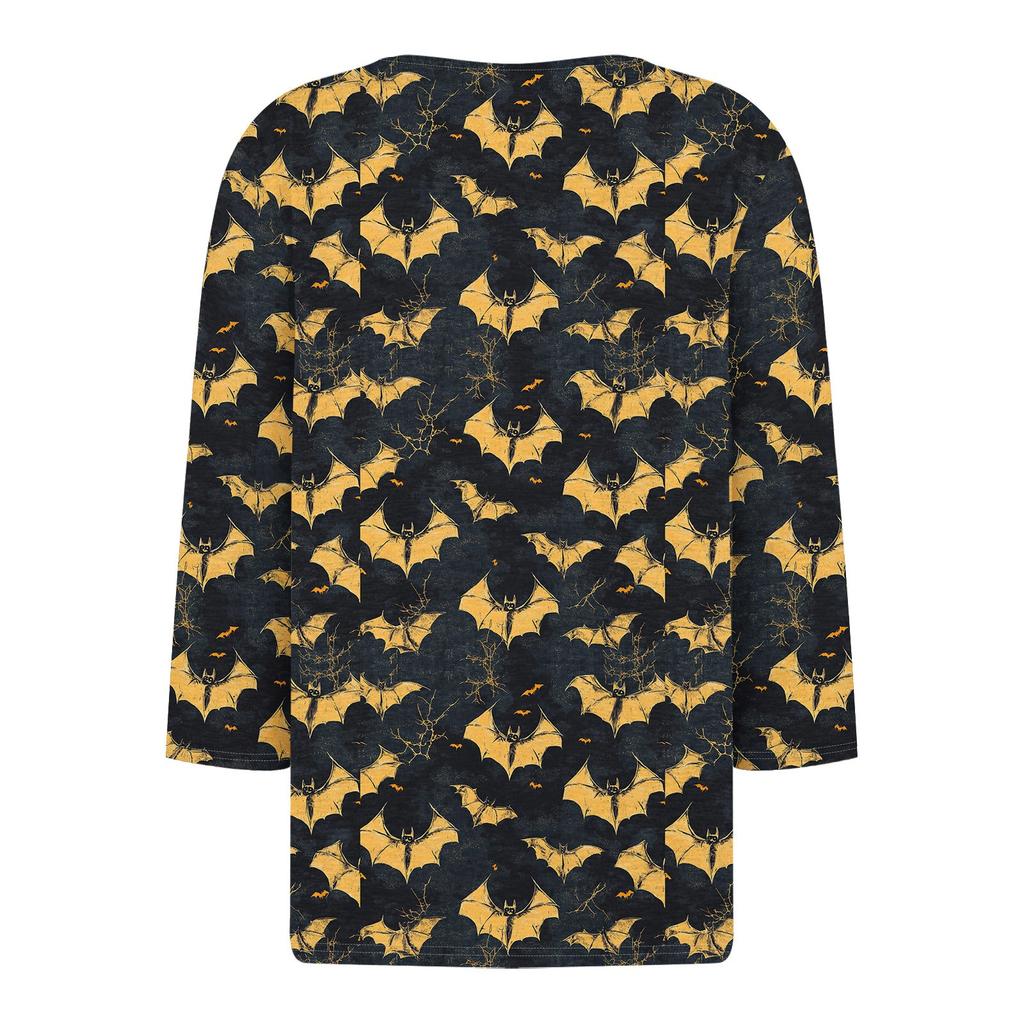 Women's Fashion Casual Halloween Printed V-Neck Short Sleeve Decorative Button Three-quarter Sleeve T-Shirt Top