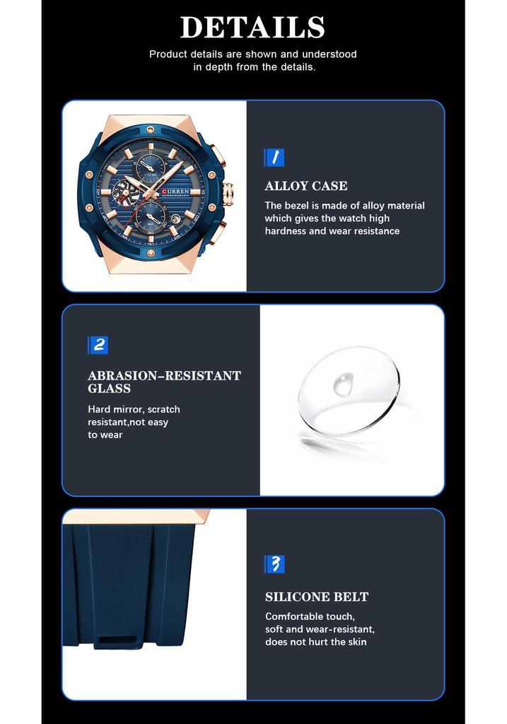 CURREN 8462 Men's Waterproof Chronograph Sports Watch with Calendar and Six-Hand Quartz Movement.