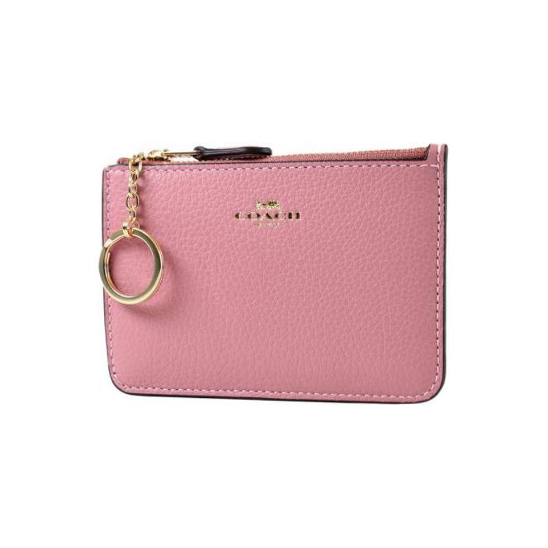 Coach Key Case 13 Solid Color Letter Logo Zipper Pebbled Leather Coin Purse Key Bag Wallet Women's Pink