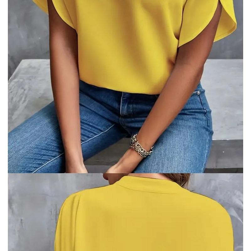 Damen 2025 Sommer Casual Einfarbig V-Ausschnitt Locker Bluse Tops für Damen