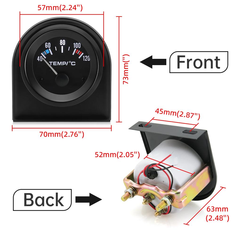 40~120 Celsius Water Temp Gauge 52mm Temperature Meter With 1/8NPT Sensor 12V Auto Instrument Black Shell