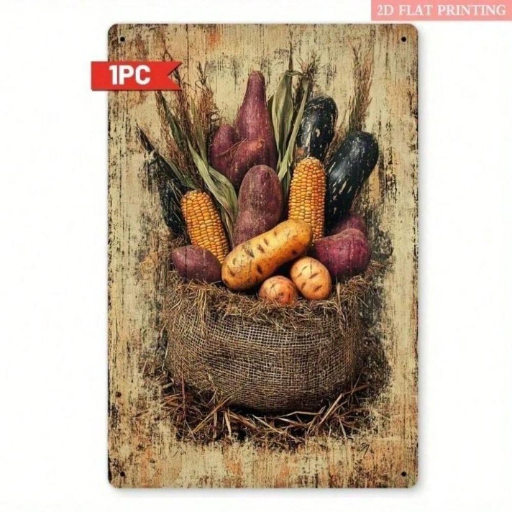 Vintage Tin Sign, Vegetable Farmhouse Decor, Metal Wall Art for Kitchen