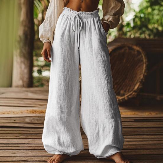 Damenhose Hohe Taille Weiter Bein Lockerer Schnitt Kordelzug Elastischer Bund Bohemian Stil Lang
