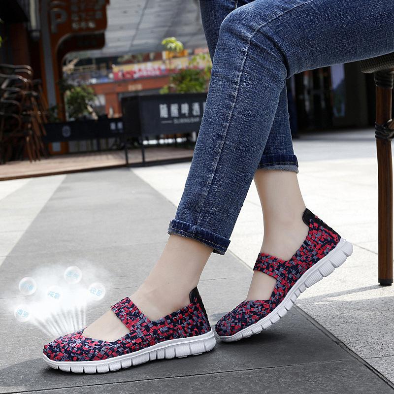 Large size breathable woven elastic band handwoven shoes women's single shoes large size flat bottom casual mother shoes tide