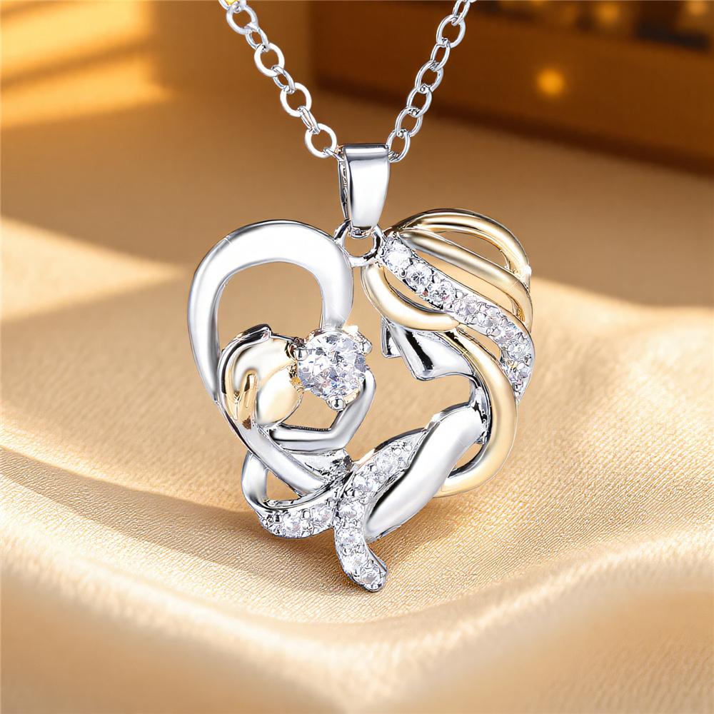 Female White Crystal Zircon Love Heart Pendant Necklace Vintage Silver Color Wedding Jewelry For Women