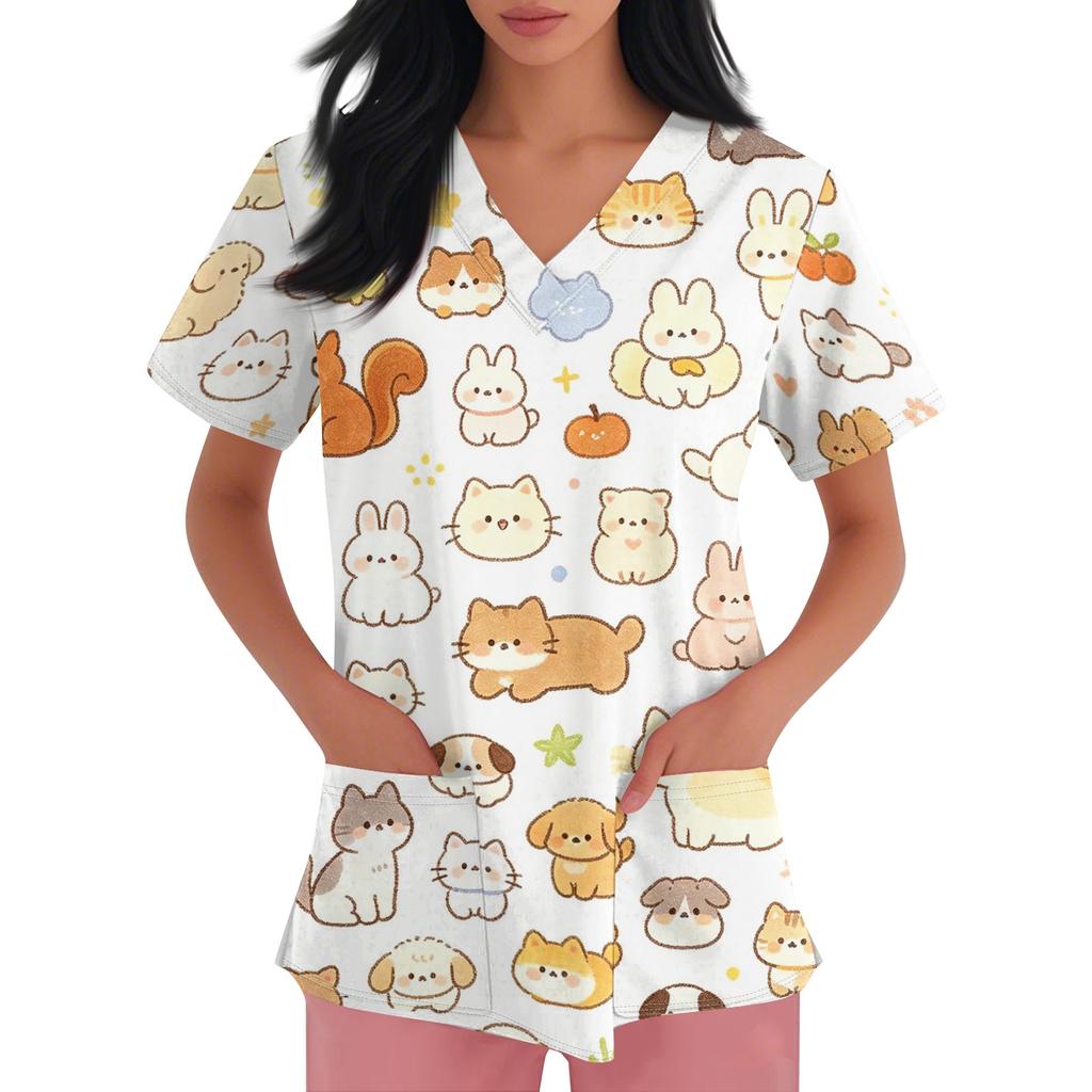 Women's V Neck Short Sleeve Work Top with Pockets Animal Print Scrub Shirt for Healthcare Professionals Medical Uniform