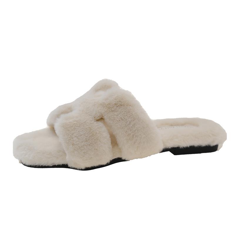 Xiaoxiangfeng Square Head Flat Bottom H Fluffy Slippers Women's Outer Wear~ High Sense Fashion Versatile Home Office One-word Drag Tide