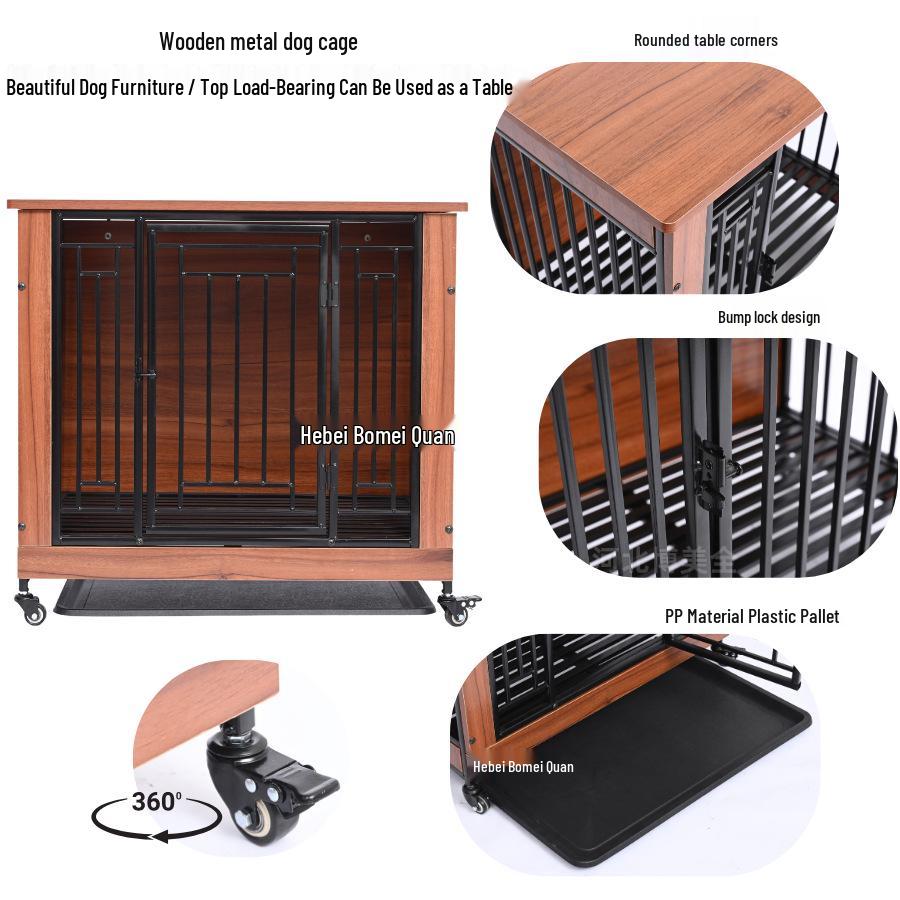 Movable Wooden & Metal Dog Crate with Toilet Separator for Medium/Small Dogs