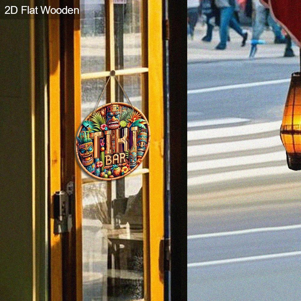 Tiki Bar Sign, Wooden Printed Tiki Decor Round Signs, Outdoor Signage with Tiki Statue