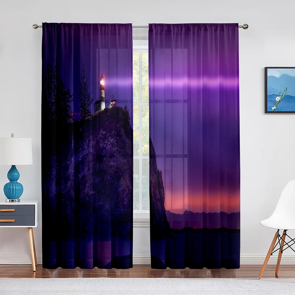 

Океан Маяк Туманные Облака Луна Ночной Вид Тюль Шторы для Гостиной Спальня Оконные Шторы Кухня Прозрачная Вуаль Шторы 1 PCS W100XH250cm&Grommet Top