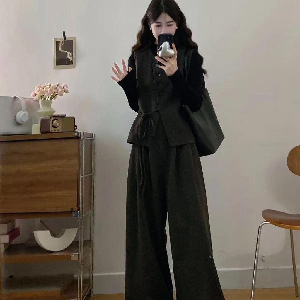 Chic Autumn Plus Size Three-Piece Set: Base Shirt, Stylish Vest, Slimming Wide-Leg Pants