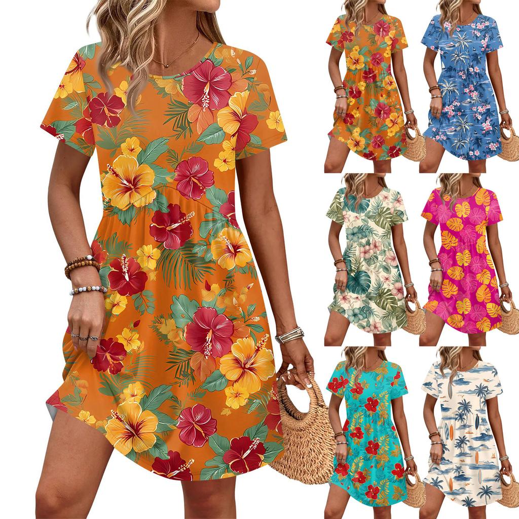 Dresses For Women Short Sleeve Print Round Neck Casual Dresses Waist Dress With Pockets