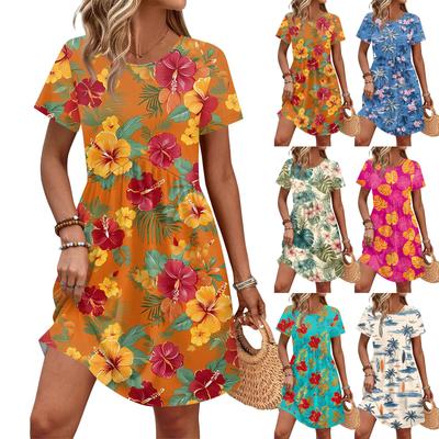 Dresses For Women Short Sleeve Print Round Neck Casual Dresses Waist Dress With Pockets