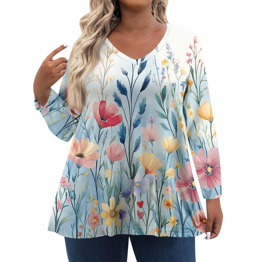 Women's Fashionable Casual Long Sleeved Plus Size Floral Print Top Plus Size Floral Print Top