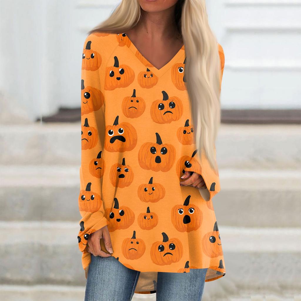 Dámské módní a ležérní tričko s halloweenským potiskem, s dlouhým rukávem, výstřihem do V, středně dlouhé