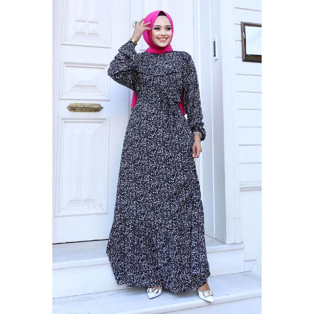 Ruffle Detailed Floral Viscose Dress Tsd240614 Black