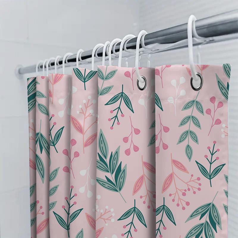 Waterproof Shower Curtain Greenery Leaves Pattern Decorative Bath Liner Pink Color For Bathroom Accessories Decoration Size72X84