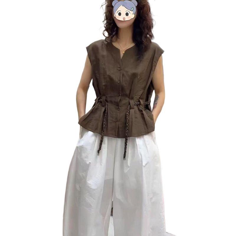 Chic Women's Summer Commuting Set: Sleeveless Round Neck Top & Wide-Leg Pants