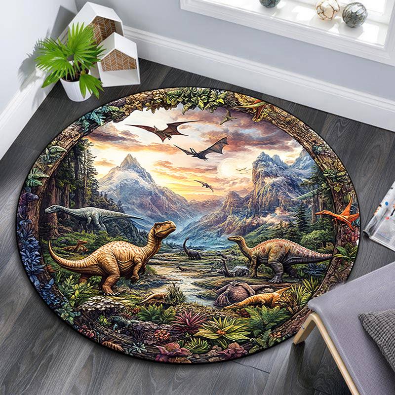 Dinosaur Landscape Round Area Rug,Carpet Rug for Living Room Bedroom Sofa Playroom Decor,Non-slip Floor Mat