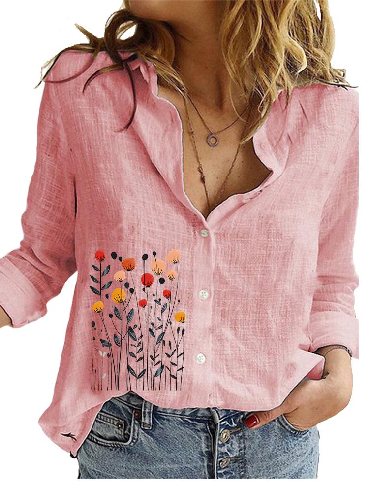 Γυναικείο Μόδας Βαμβακερό Λινό Μπλουζάκι Γυναικείο Casual Φαρδύ Τοπ Γυναικείο με Σχέδια Μακρυμάνικο Πουκάμισο