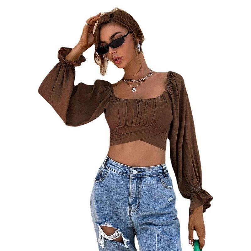 Lace Up Square Neck Super Short Long Sleeve Ladies Shirt Top