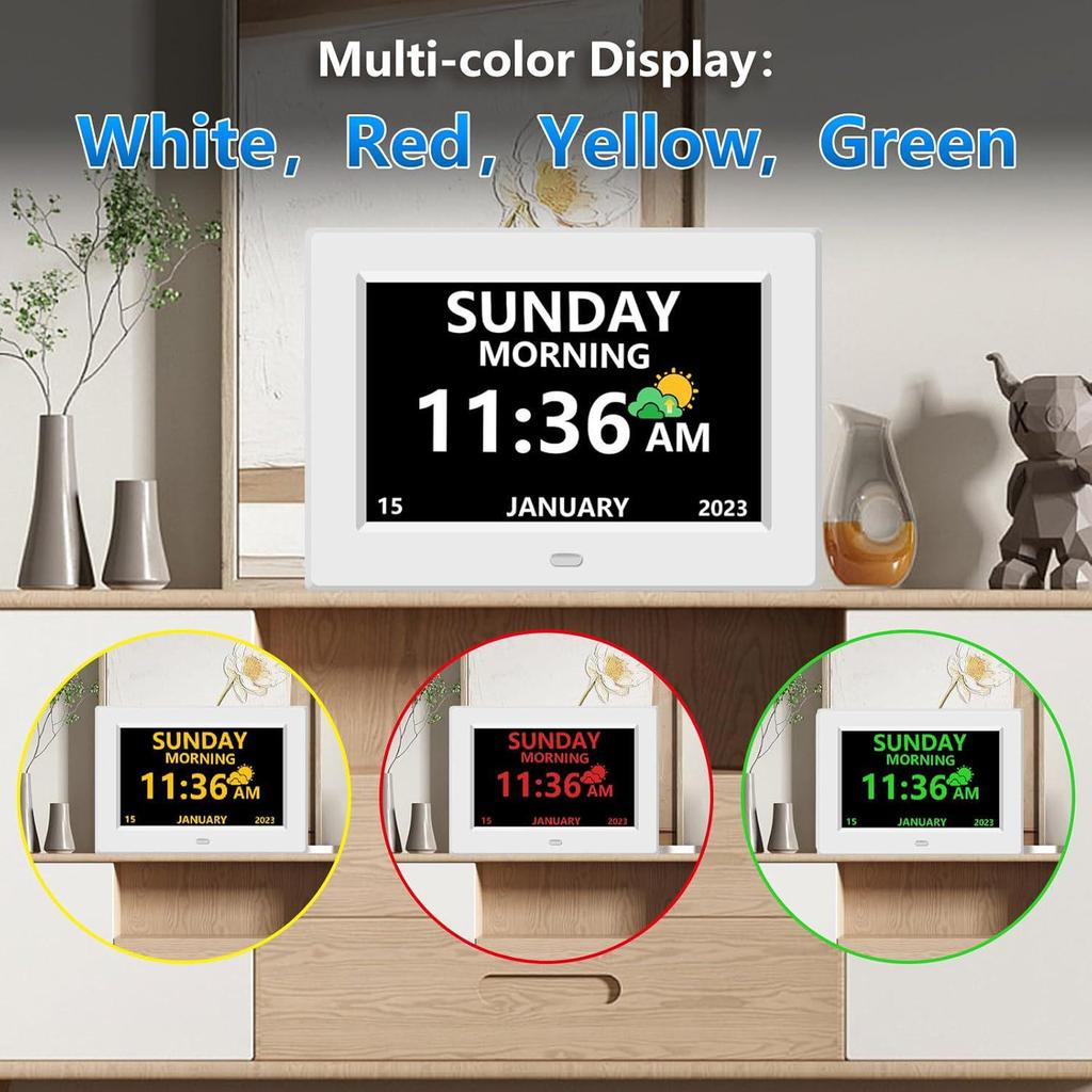 7-Inch Digital Clock with Large Font, Calendar, Alarm, Medication Reminder, Multilingual Settings