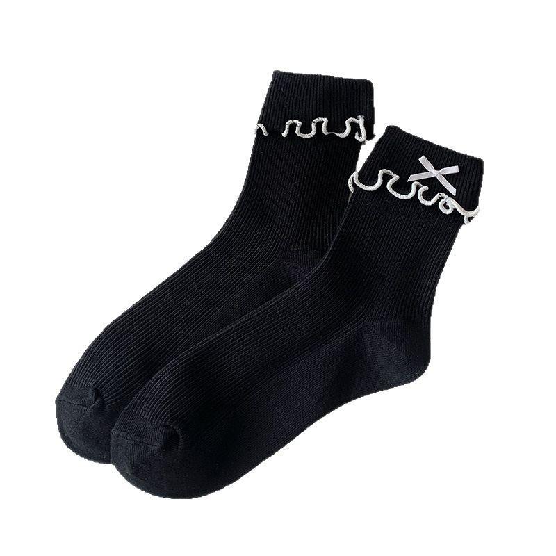 Sweet Fungus Edge Socks Female Cute Flanged Bow Medium Tube Socks Spring And Autumn Girl Style Stacking Socks