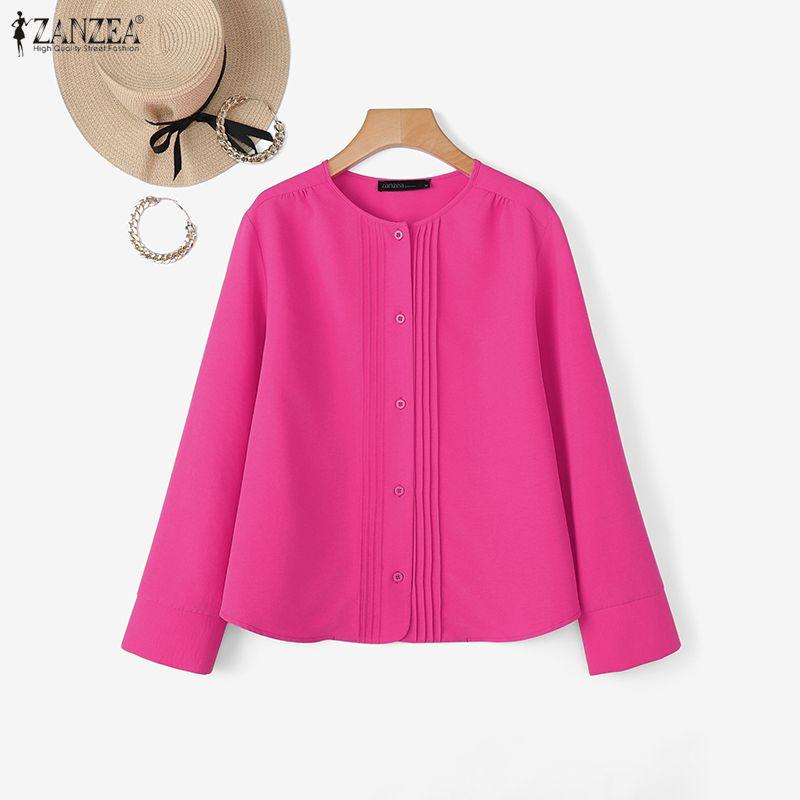 ZANZEA Damen Freizeit Rundhals Einfarbig 3/4 Ärmel Bluse