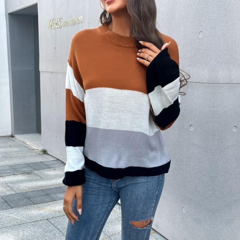 Vintage Fashion Elegant Casual Women's Round Neck Long-sleeved Colorblocking Sweater Women Autumn and Winter