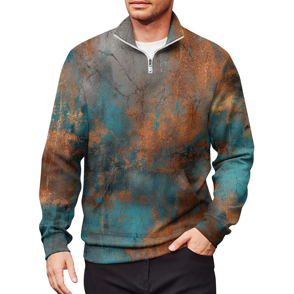 Men's Loose Casual 1/4 Zip Sweatshirt Fashion Printed Long Sleeve Top With Pockets