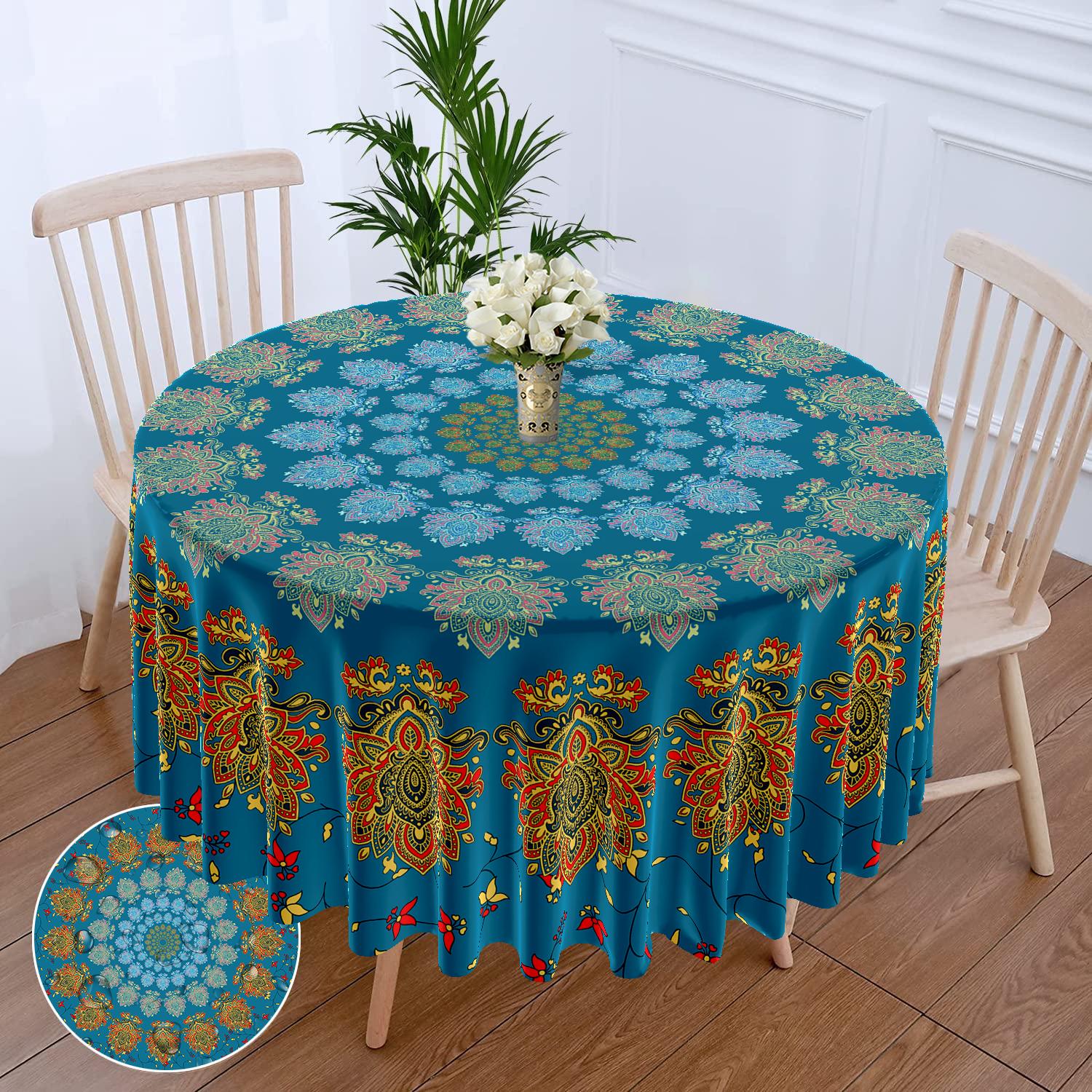 1 Stuk Ronde Tafelkleed Met Groene Rode Bloemen Waterdicht Kleurrijk Terras Tafelkleed Multifunctioneel 63 Inch Totem Tafelkleed W63inchxL63inch