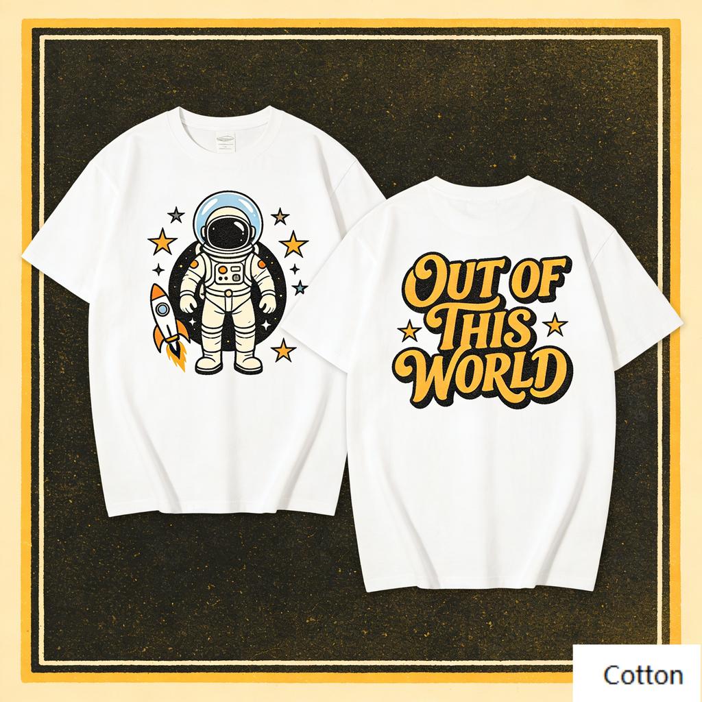 Vintage Cartoon Astronaut Rocket Graphic TShirt Retro Out of This World Lettering Print Pure Cotton Tee Space Themed St