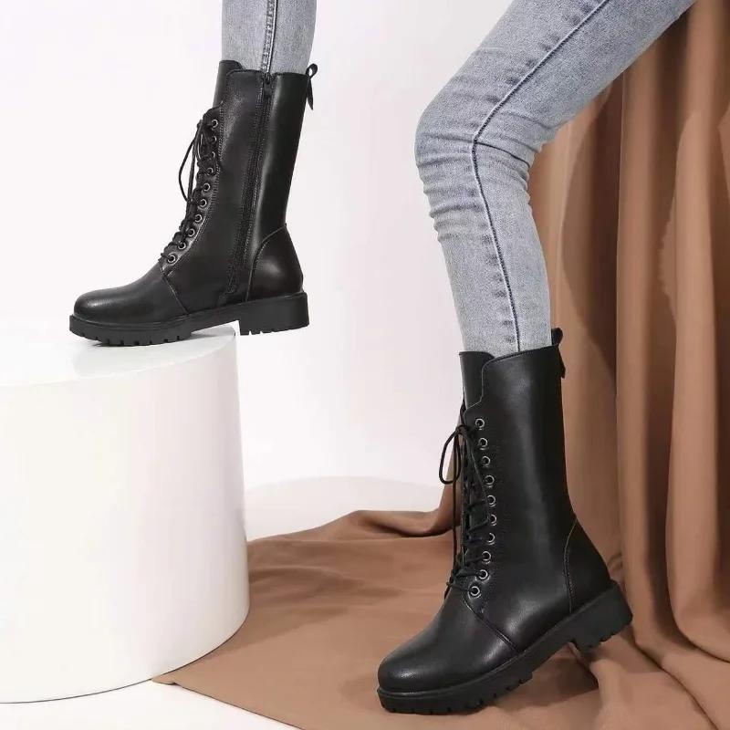 Women's Designer Knight Boots Autumn Winter Fashion lace up Side Zipper Ankle Boots Woman Platform Shoes Bota De Vaqueiro