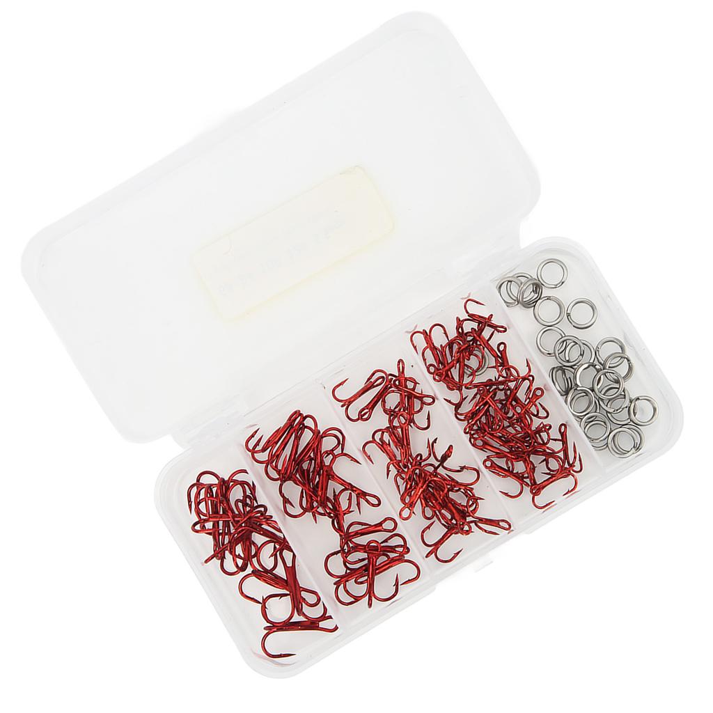100pcs Treble Fishing Hooks and Double Ring High Carbon Steel Triple Barbed Hook Fishing Accessories with Storage Box