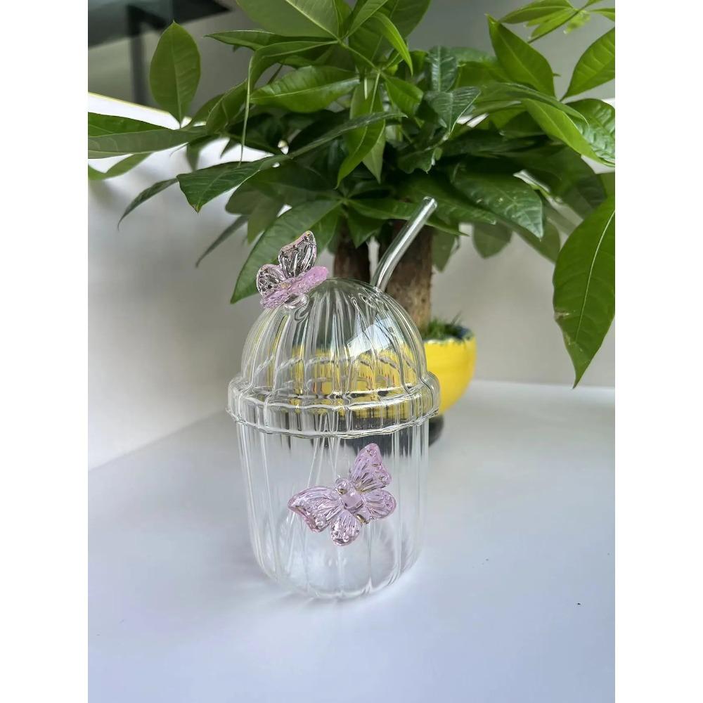 

Шикарная стеклянная кружка объемом 400 мл с рисунком бабочек, женская кофейная кружка с крышкой и стеклянной трубочкой, не содержащая бисфенол-А посуда для сока, молока, кофе 400ml