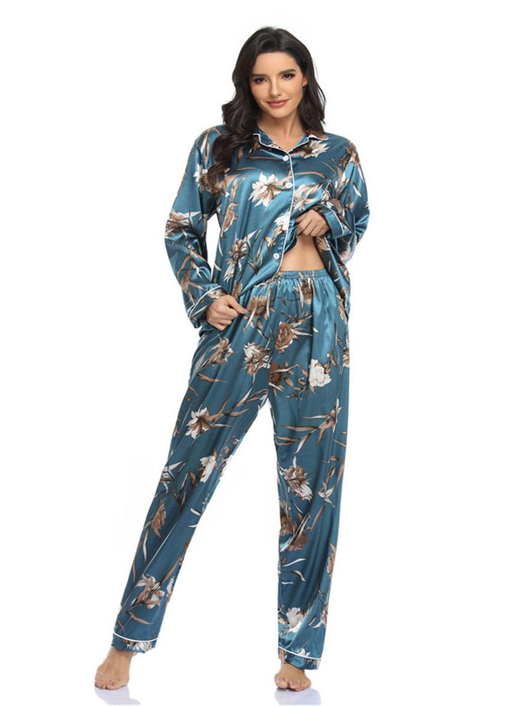 Loungewear für Damen im europäischen und amerikanischen Stil für Frühling und Herbst, bequemes Satin-Pyjama-Set, lässige 2-teilige bedruckte Homewear