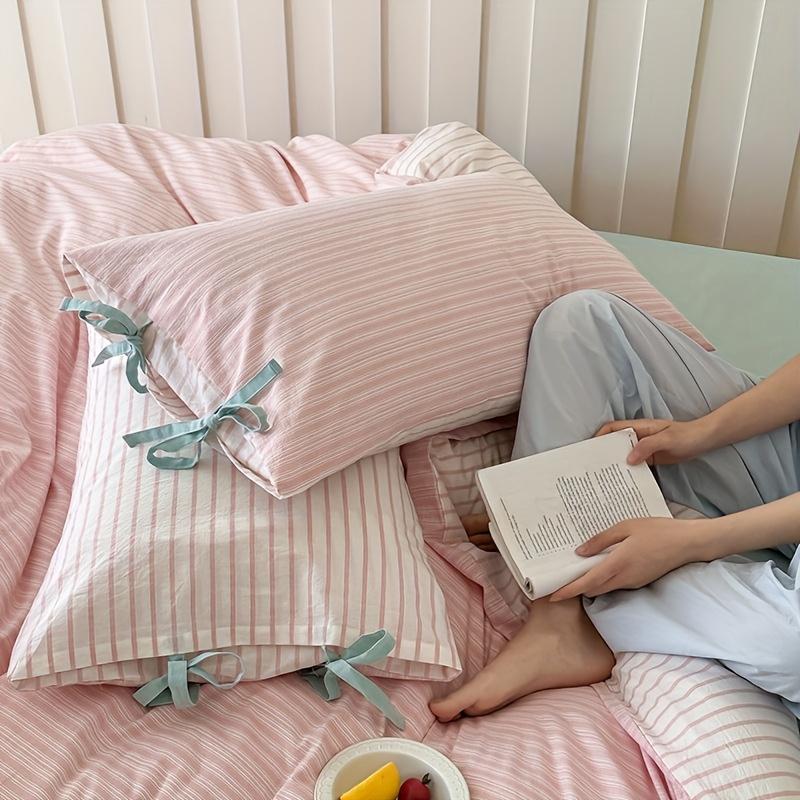 

2pcs,Bowknot Full Cotton Pillowcase Pair, Standard Size A, Light Beige Friendly Comfort, Striped with Bow Decoration, Suitable for Living Room 48cm*74cm
