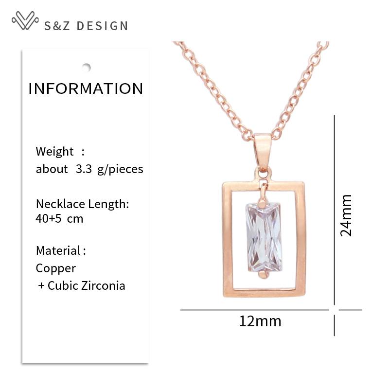 Fashion Temperament Rose Gold Color Rectangle Cubic Zirconia Pendant Necklace For Women Trendy Fine Jewelry