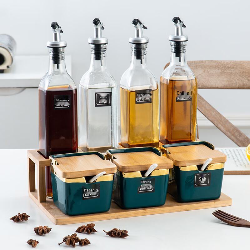 Dark Green Gold Rim Ceramic Seasoning Jar Set