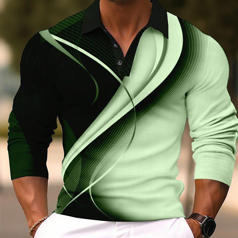 Men's Casual Gradient Button Up Long Sleeve Polo Shirt Fashion Sweatshirt