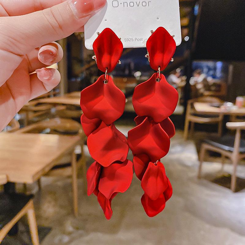 S925 Sterling Silver Needle Korean Japanese Face-Slimming Rose Petal Long Earrings