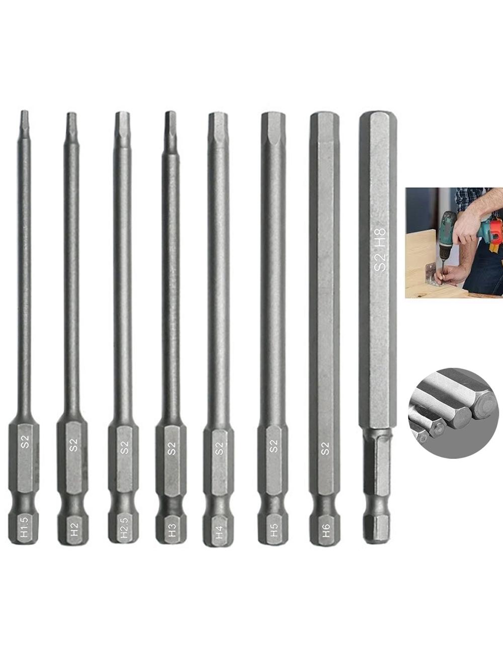 

8 Pcs 100mm Hex Head Allen Wrench Drill Bits Set SAE Metric Allen Electric Hexagonal Bit Screwdriver Socket Bit Power Tool Parts срібний