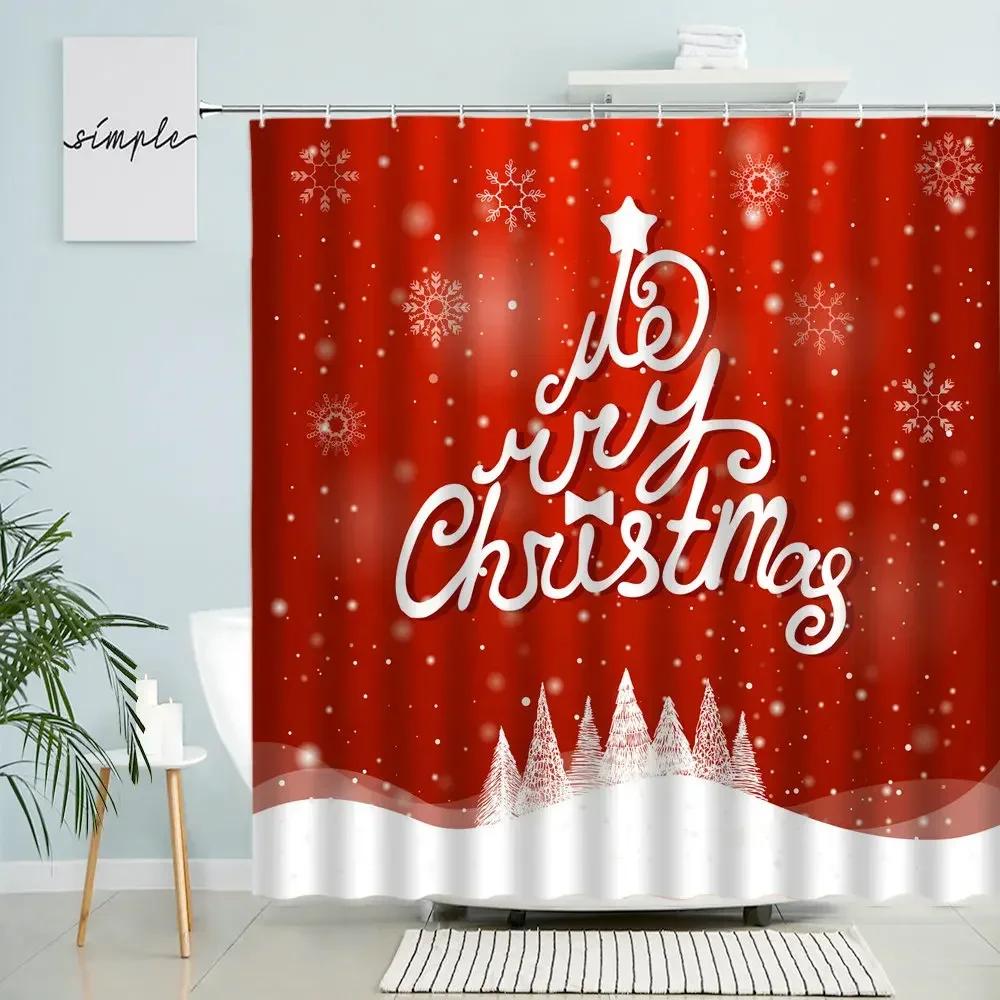 Merry Christmas Shower Curtain Christmas Tree Xmas Ball Red Background Party Bathroom Wall Decor With Hooks Waterproof Screen