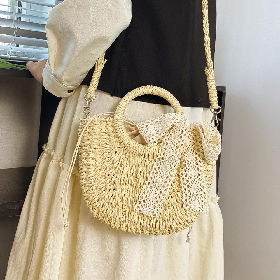 Women Straw Woven Bag Fashion Shoulder Bag Large Capacity Handwoven Tote Bag Drawstring Chic Hobo Bag Summer Beach Bag KTB