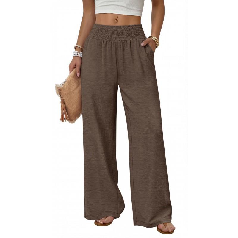 2026 Womens High-Waisted Wide-Leg Trousers Leopard Print Solid Color Casual Pants With Pockets Lightweight Stretchy