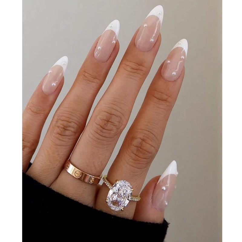 White French Style Rhinestone Water Drop Nail Tips With Pearl Accents Almond Shape Press-On Nails Women Adhesive Type
