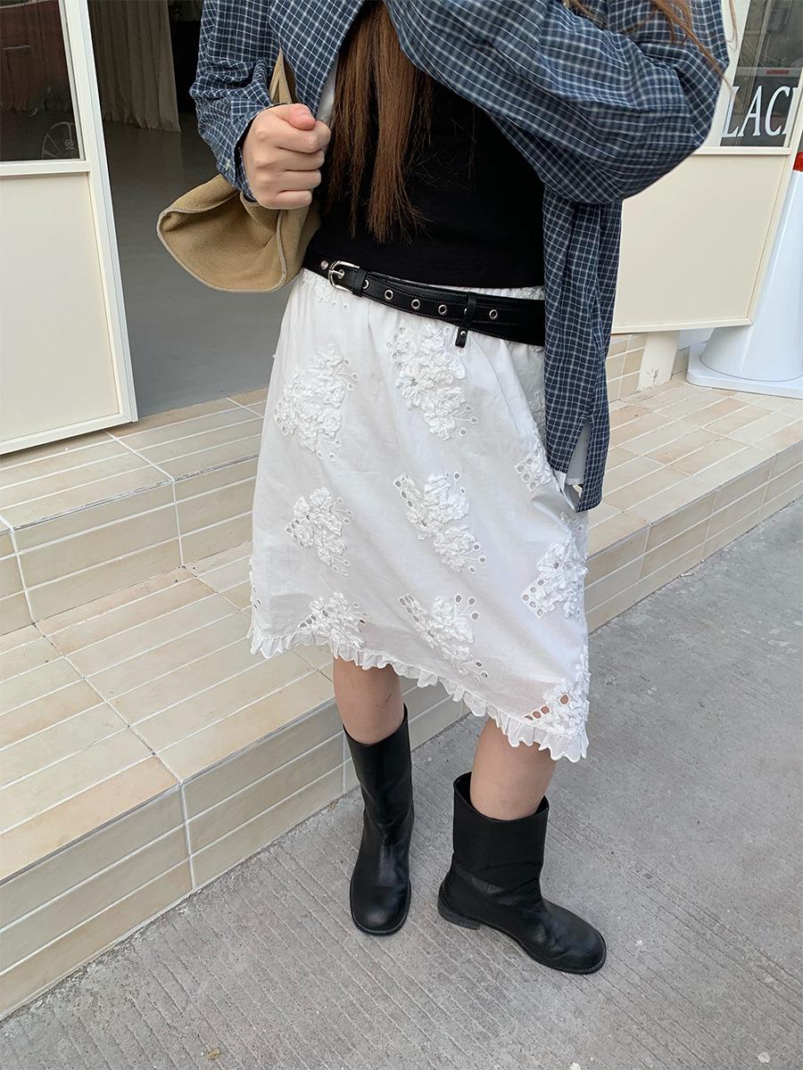 

Sunai 2026 Spring Korean-Style Hollow Flower Mid-Length Elastic Waist Slimming Skirt for Women One Size слоновая кость