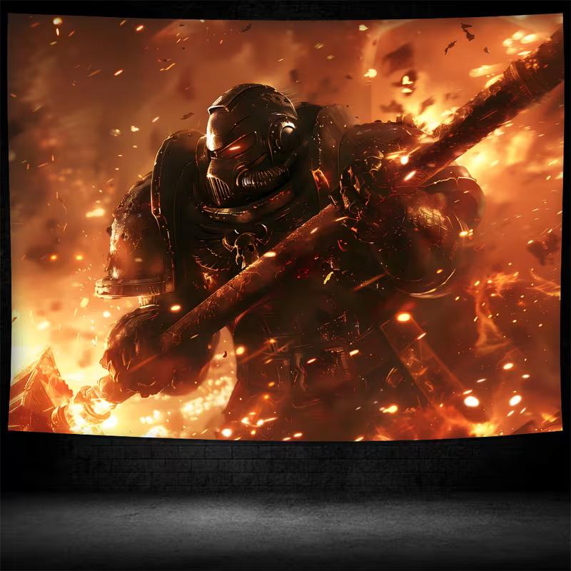 2D Burning Battle Scene Tapestry Armored Fantasy Warrior with Hammer Wall Decor Cloth for Home & Bedroom